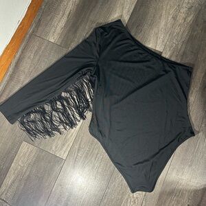 Boutique Brand - Black, One Shoulder Fringe Body Suit - Size XL